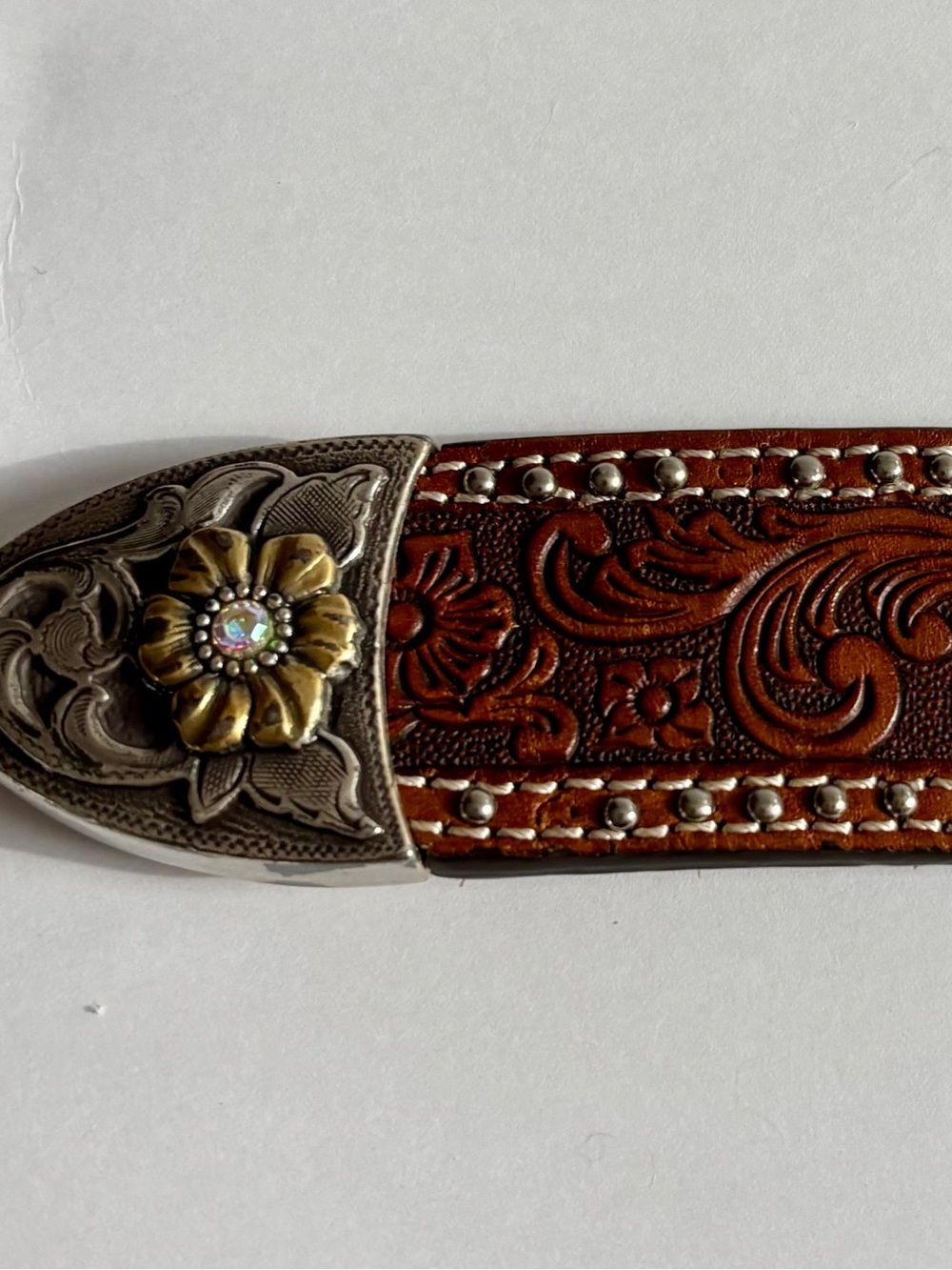 Nocona Women’s Western Tooled Leather Brown Rhinestone Buckle Belt - Picture 3 of 11